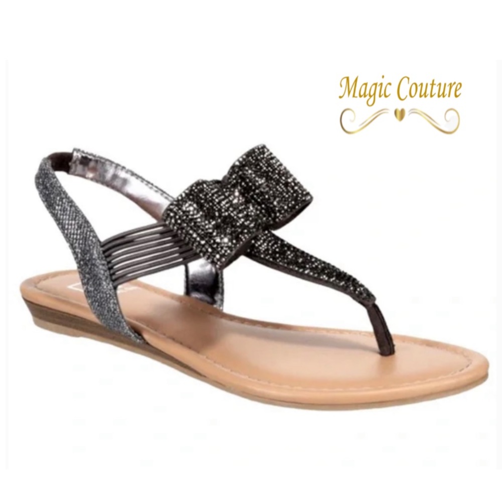 Material Girl Pewter Bling Bow Sandals🖤🤍🖤